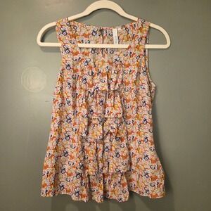 Sine‎ Women's 100% Silk Floral Print Ruffle Sleeveless Blouse Size 6 White Multi